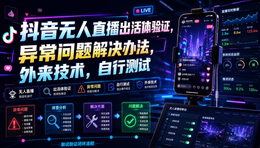 抖音无人直播出活体验证，异常问题解决办法，外来技术，自行测试-云享网创