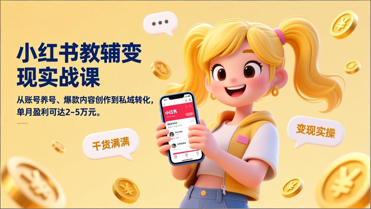 小红书教辅变现实战课，从账号养号、爆款内容创作到私域转化，单月盈利可达2-5万元-云享网创