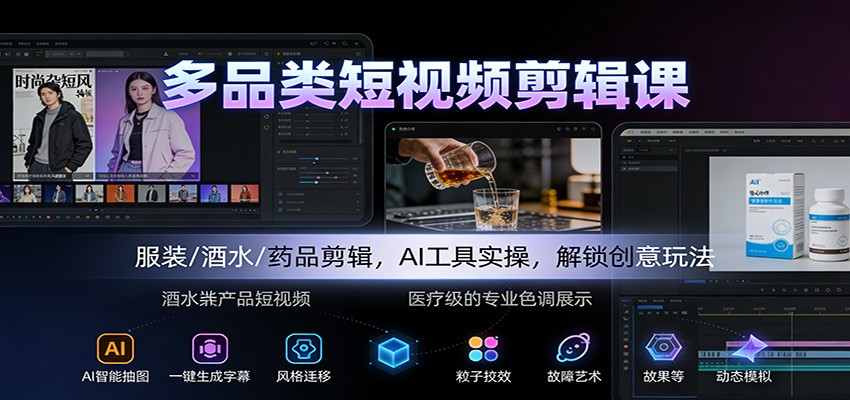 多品类短视频剪辑课:服装/酒水/药品剪辑,AI工具实操,解锁创意玩法-云享网创