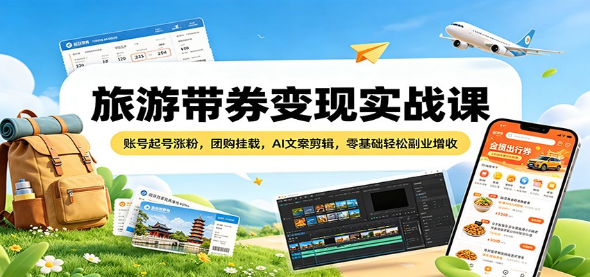 旅游带券变现实战课：账号起号涨粉，团购挂载，AI文案剪辑，零基础轻松副业增收-云享网创