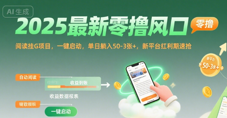2025最新零撸风口，阅读挂G项目，一键启动，单日躺入 50-3张+，新平台红利期速抢【揭秘】-云享网创