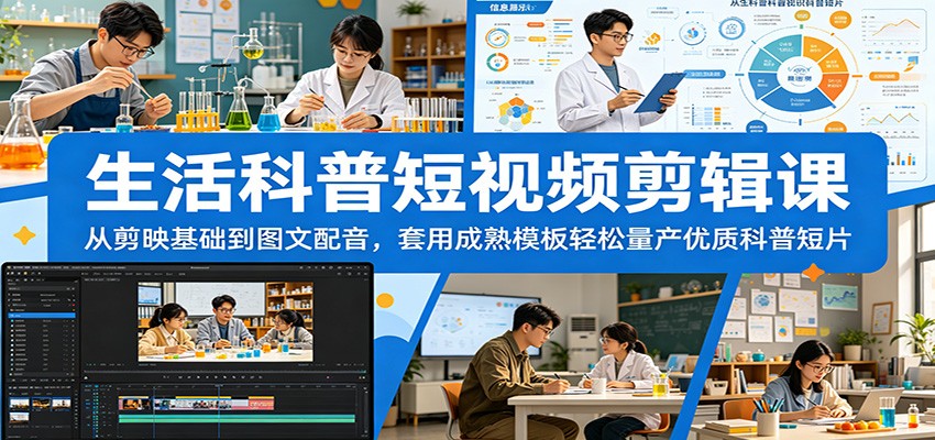 生活科普短视频剪辑课：从剪映基础到图文配音，套用成熟模板轻松量产优质科普短片-云享网创