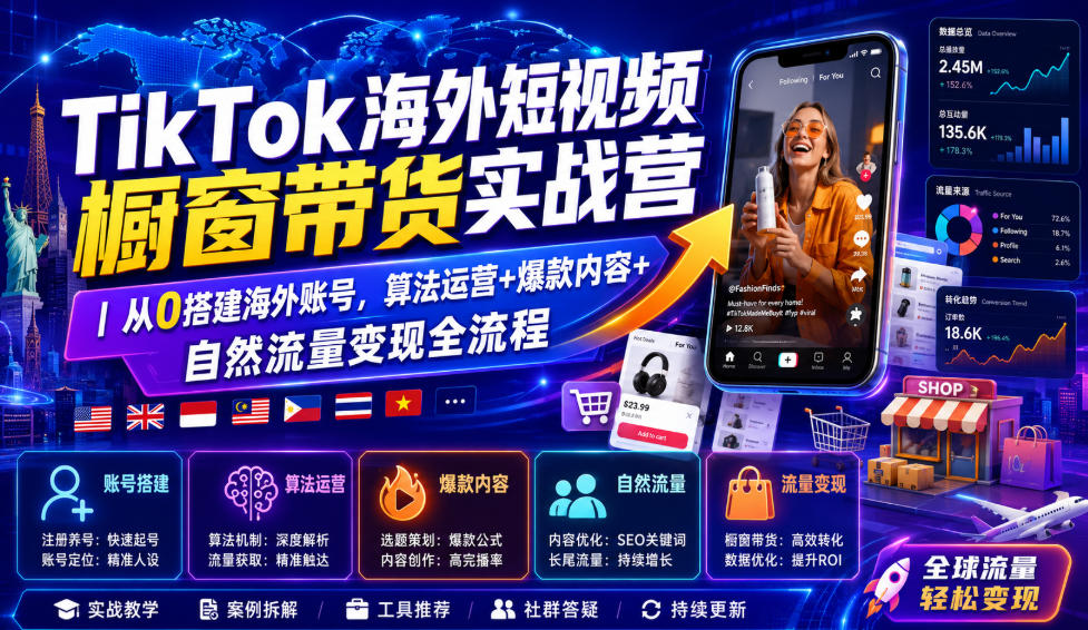 TikTok海外短视频橱窗带货实战营｜从0搭建海外账号，算法运营+爆款内容+自然流量变现全流程-云享网创