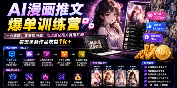 AI漫画推文爆单训练营,一台电脑,零基础可做,吃透百亿推文赛道红利,实现单条作品收益1k+-云享网创