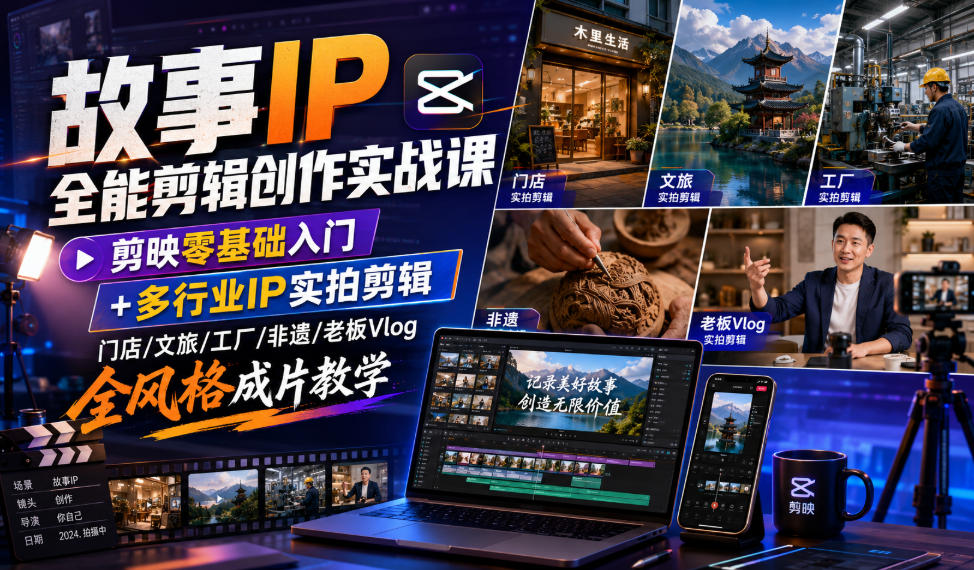 故事IP全能剪辑创作实战课|剪映零基础入门+多行业IP实拍剪辑,门店/文旅/工厂/非遗/老板Vlog全风格成片教学-云享网创