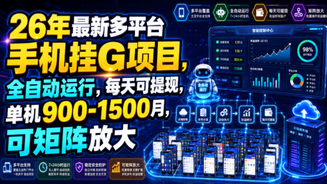 26年最新多平台手机挂G项目,全自动运行,每天可提现,单机900-1500月,可矩阵放大【揭秘】-云享网创