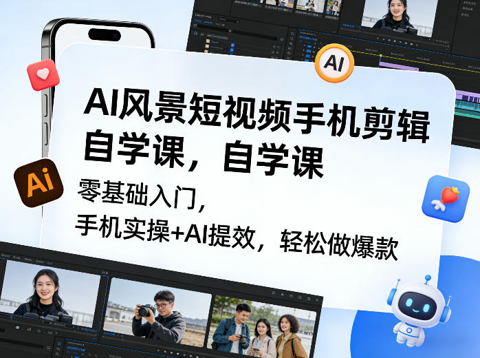 AI风景短视频手机剪辑自学课，零基础入门，手机实操+AI提效，轻松做爆款-云享网创