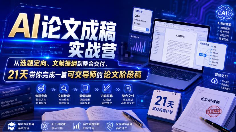 AI论文成稿实战营，从选题定向、文献提纲到整合交付，21天带你完成一篇可交导师的论文阶段稿-云享网创
