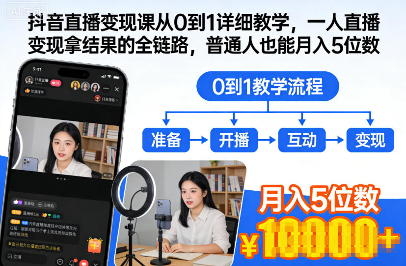 抖音直播变现课从0到1详细教学,一人直播变现拿结果的全链路,普通人也能月入5位数-云享网创