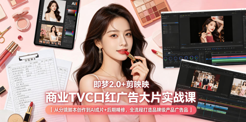 即梦2.0+剪映商业TVC口红广告大片实战课｜从分镜脚本创作到AI成片+后期精修，全流程打造品牌级产品广告-云享网创