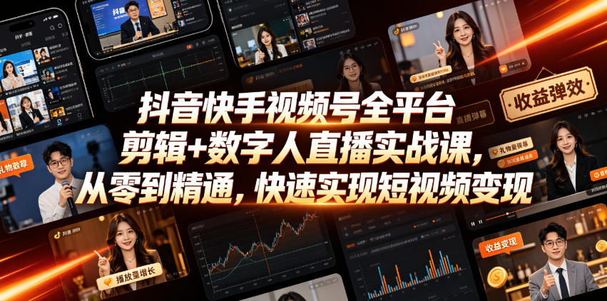 抖音快手视频号全平台剪辑+数字人直播实战课，从零到精通，快速实现短视频变现(更新2026年6月)-云享网创