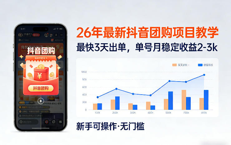 26年最新抖音团购项目教学，0门槛，最快3天出单，单号月稳定收益2-3k-云享网创