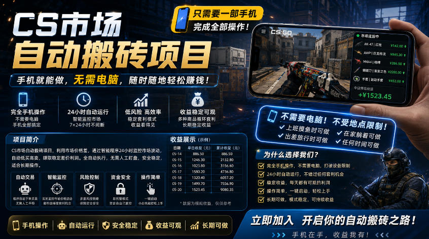 手机即可操作的CS市场自动搬砖系统｜自动监控｜自动下单|日入300+【揭秘】-云享网创