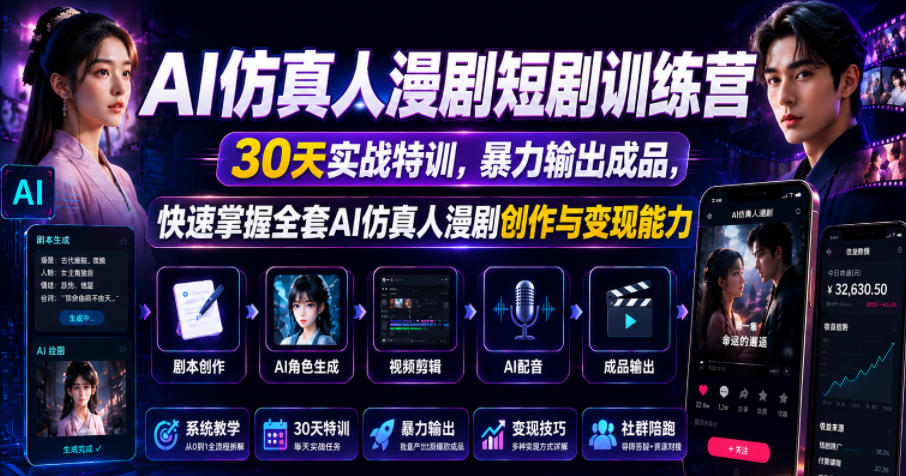 AI仿真人漫剧短剧训练营，30天实战特训，暴力输出成品，快速掌握全套AI仿真人漫剧创作与变现能力-云享网创