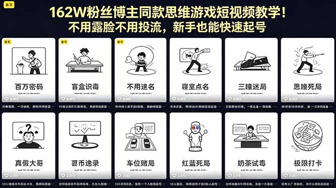 162W粉丝博主同款思维游戏短视频教学！不用露脸不用投流，新手也能快速起号-云享网创