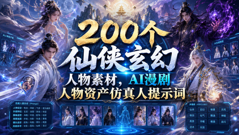 200个仙侠玄幻人物素材,AI漫剧人物资产仿真人提示词-云享网创