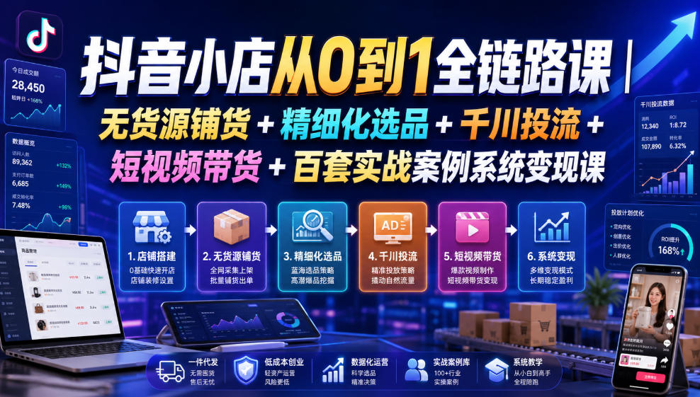 抖音小店从0到1全链路课|无货源铺货+精细化选品+千川投流+短视频带货+百套实战案例系统变现课(2026年7月更新)-云享网创