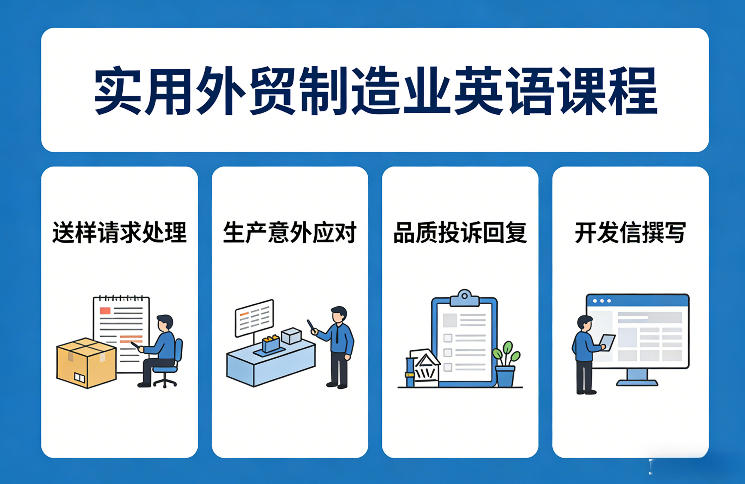 实用外贸制造业英语课程，教你专业处理送样请求、应对生产意外、回复品质投诉、撰写开发信等-云享网创