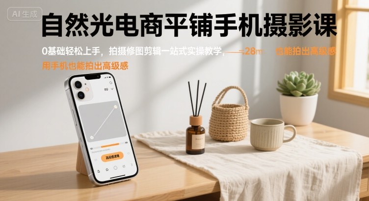 自然光电商平铺手机摄影课，0基础轻松上手，拍摄修图剪辑一站式实操教学，用手机也能拍出高级感-云享网创