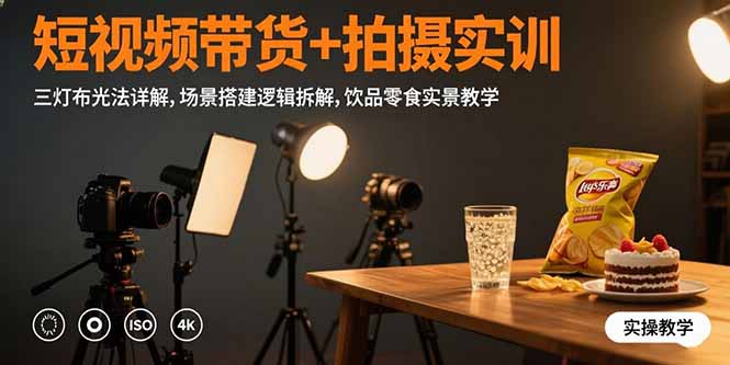 短视频带货+拍摄实训：三灯布光法详解,场景搭建逻辑拆解,饮品零食实景教学-云享网创
