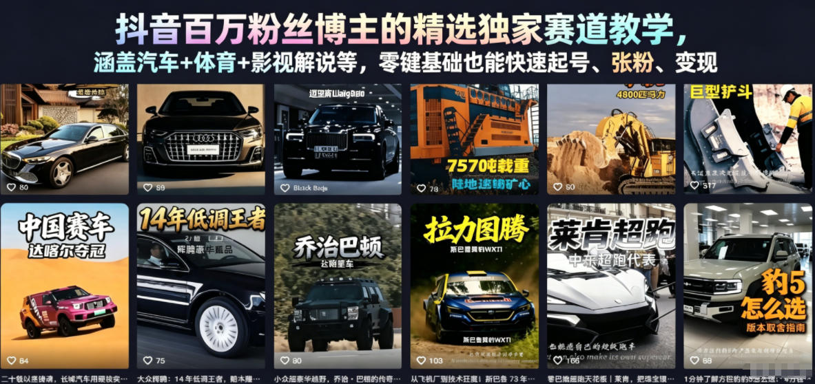抖音百万粉丝博主的精选独家赛道教学，涵盖汽车+体育+影视解说等，零基础也能快速起号、涨粉、变现-云享网创