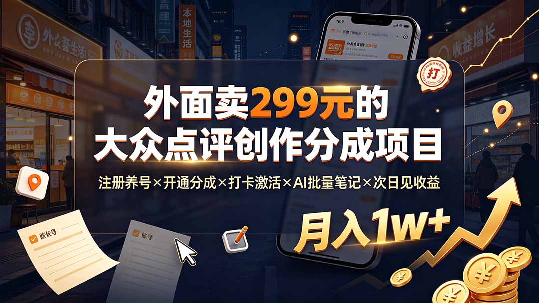 外面卖299元的大众点评创作分成项目：注册养号×开通分成×打卡激活×AI批量笔记×次日见收益，月入1w+-云享网创