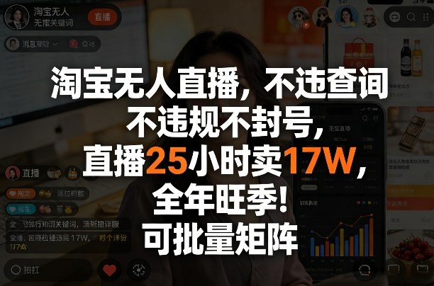 淘宝无人直播，不违规不封号，直播25小时卖17W，全年旺季！可批量矩阵【揭秘】-云享网创