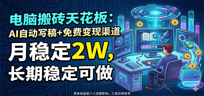 电脑搬砖天花板：AI自动写稿+免费变现渠道，月稳定2W，长期稳定可做-云享网创