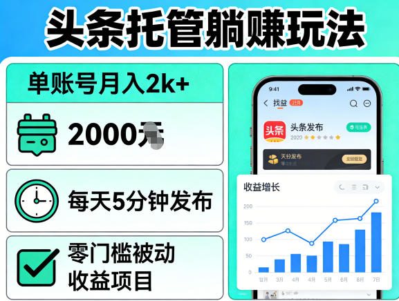头条托管躺賺玩法，单账号月入2k+，每天5分钟发布即可，零门槛被动收益项目【揭秘】-云享网创