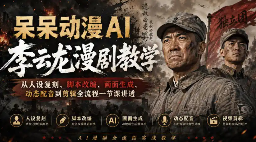 呆呆动漫AI李云龙漫剧教学，从人设复刻、脚本改编、画面生成、动态配音到剪辑全流程一节课讲透-云享网创