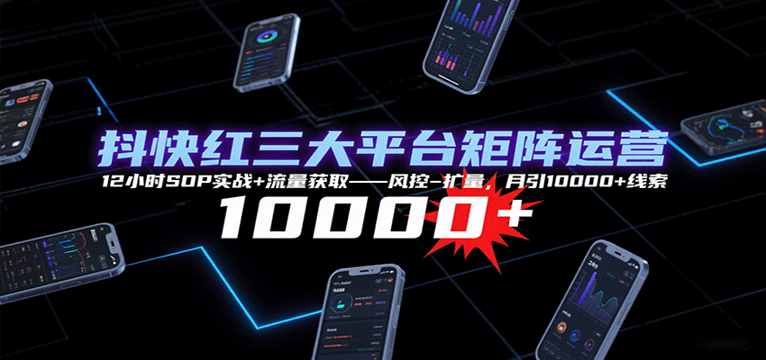 抖快红三大平台矩阵运营，12小时SOP实战+流量获取-风控-扩量，月引10000+线索-云享网创
