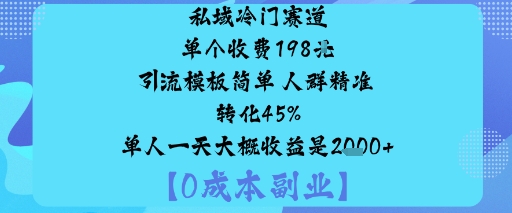 私域冷门赛道:单个收费198米引流模板简单人群精准转化45%单人一天大概收益是1k+-云享网创