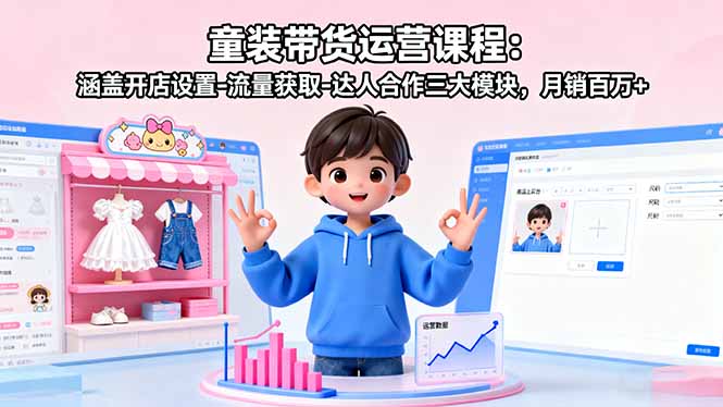 童装带货运营课程：涵盖开店设置-流量获取-达人合作三大模块，月销百万+-云享网创