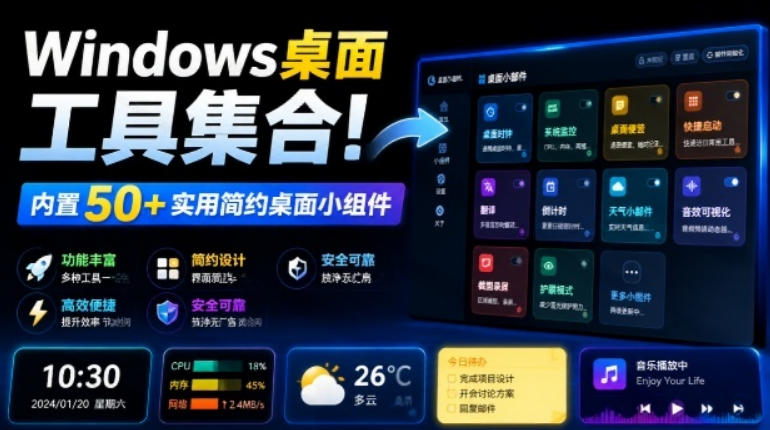 Windows桌面工具集合!内置50+实用简约桌面小组件,含截图、录屏、翻译、天气等,多秘工具箱-云享网创