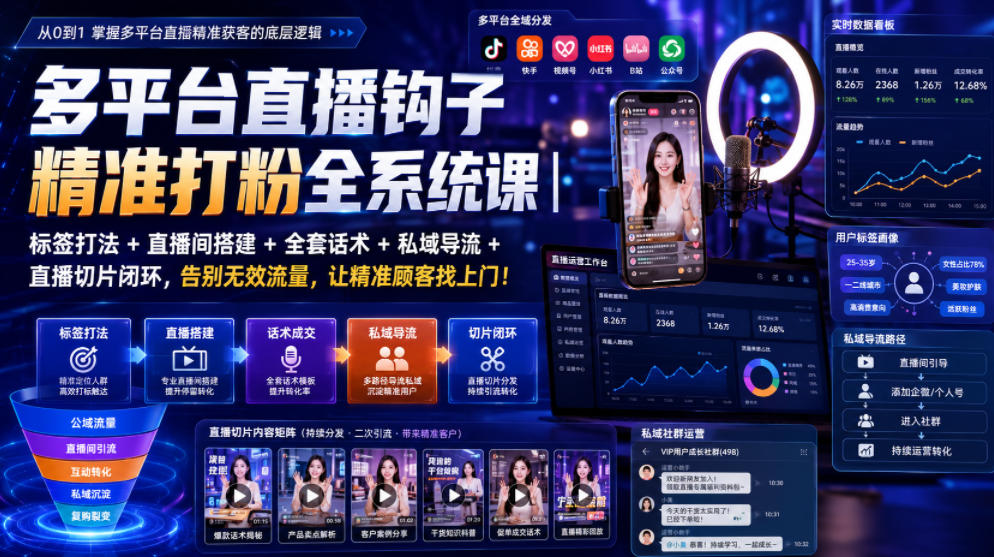 多平台直播钩子精准打粉全系统课|标签打法+直播间搭建+全套话术+私域导流+直播切片闭环,告别无效流量,让精准顾客找上门!-云享网创