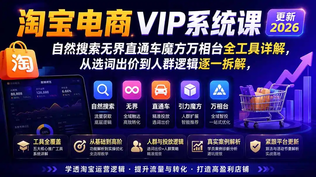 2026淘宝电商终局之战VIP课-更新:自然搜索+直通车+无界+精准人群,系统掌握测款动销与全店推广布局方法-云享网创