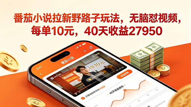 番茄小说拉新野路子玩法，无脑怼视频，每单10元，40天收益27950-云享网创