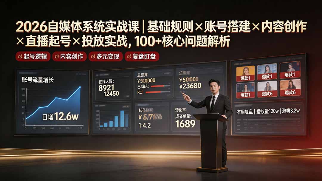 2026自媒体系统实战课｜基础规则×账号搭建×内容创作×直播起号×投放实战，100+核心问题解析-云享网创