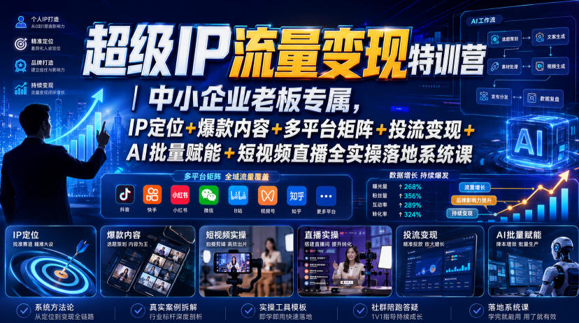 超级IP流量变现特训营|中小企业老板专属,IP定位+爆款内容+多平台矩阵+投流变现+AI批量赋能+短视频直播全实操落地系统课-云享网创