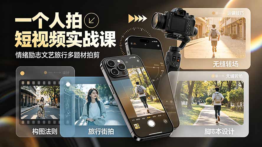 一个人拍短视频实战课：情绪励志文艺旅行多题材×五大景别×黄金构图×八大运镜，从拍摄到成片高效创作-云享网创