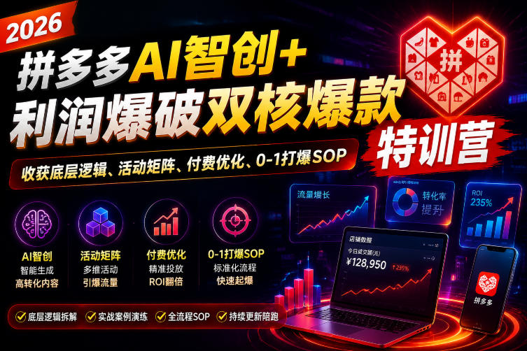 2026拼多多AI智创+利润爆破双核爆款特训营，收获底层逻辑、活动矩阵、付费优化、0-1打爆SOP-云享网创
