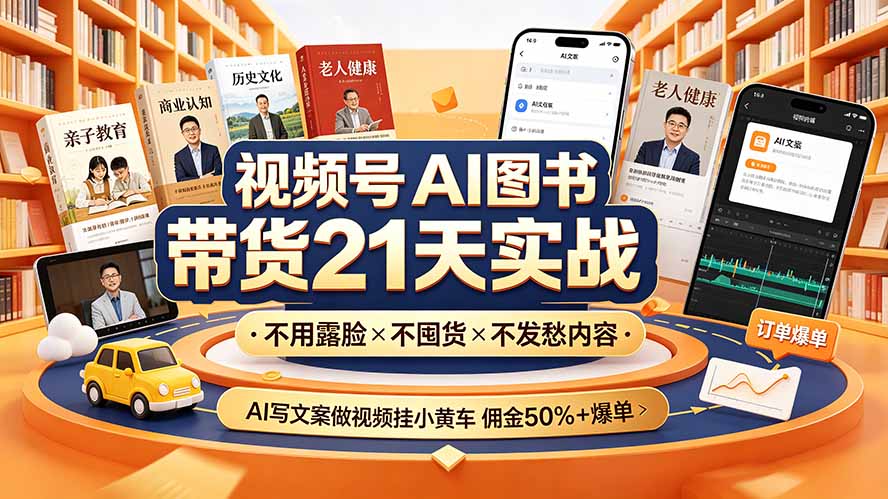 视频号AI图书带货21天实战:不用露脸×不囤货×不发愁内容,AI写文案做视频挂小黄车,佣金50%+爆单-云享网创