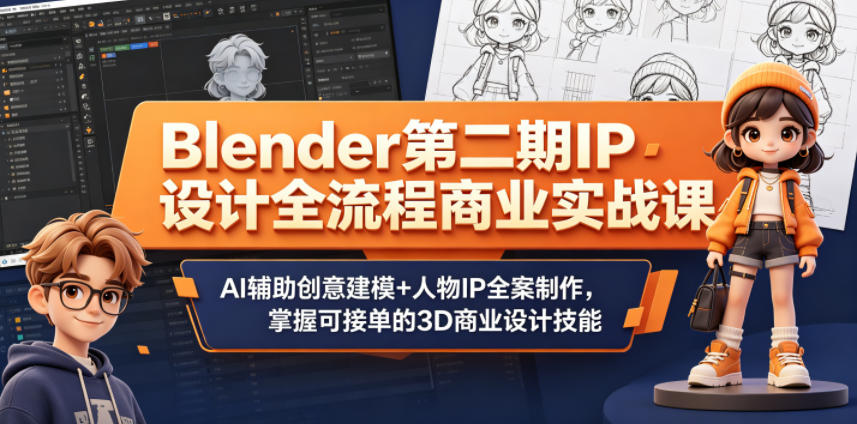 Blender第二期IP设计全流程商业实战课，AI辅助创意建模+人物IP全案制作，掌握可接单的3D商业设计技能-云享网创