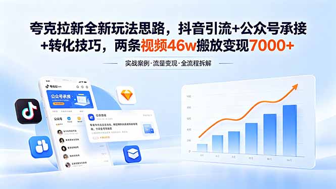 夸克拉新全新玩法思路，抖音引流+公众号承接+转化技巧，两条视频46w搬放 变现7000+-云享网创
