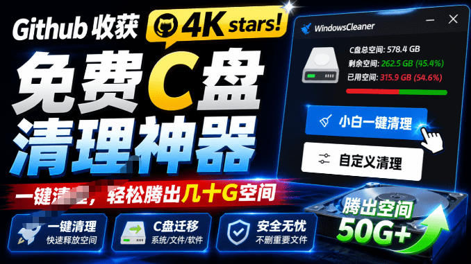 Github收获4K stars!免费C盘清理神器,轻松腾出几十G空间,支持C盘迁移Windows Cleaner-云享网创