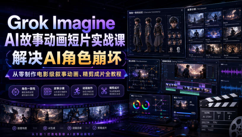 Grok Imagine AI故事动画短片实战课|解决AI角色崩坏,从零制作电影级叙事动画、精剪成片全教程(中英字幕)-云享网创