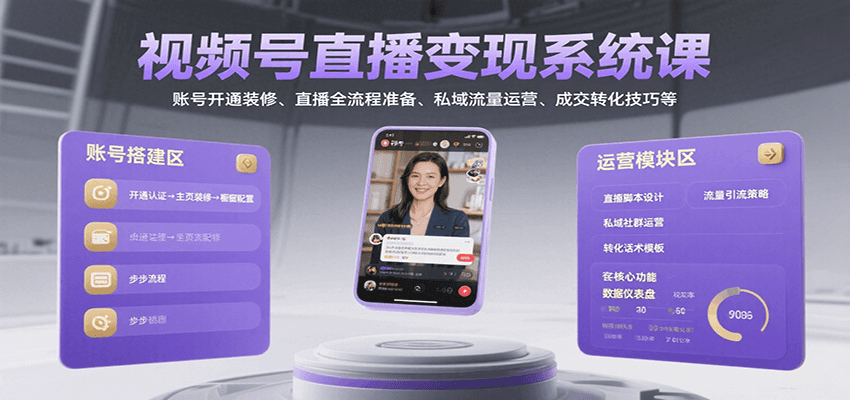 视频号直播变现系统课,账号开通装修、直播全流程准备、私域流量运营、成交转化技巧等-云享网创