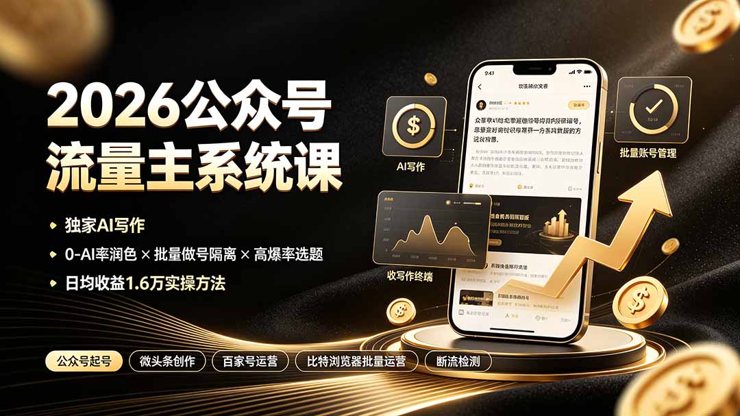 2026公众号流量主系统课:独家AI写作×0-AI率润色×批量做号隔离×高爆率选题,日均收益1.6万实操方法-云享网创