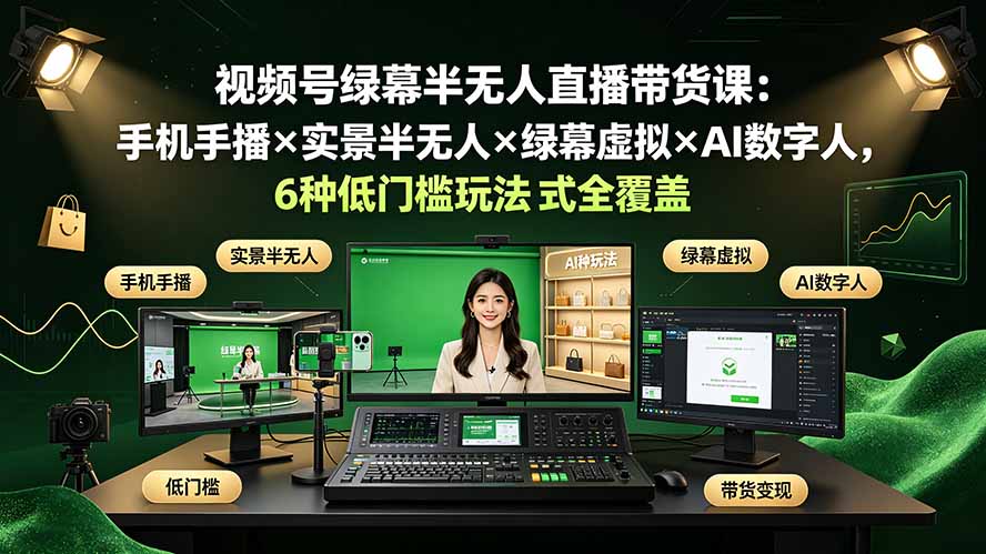 视频号绿幕半无人直播带货课：手机手播×实景半无人×绿幕虚拟×AI数字人，6种低门槛玩法全覆盖-云享网创