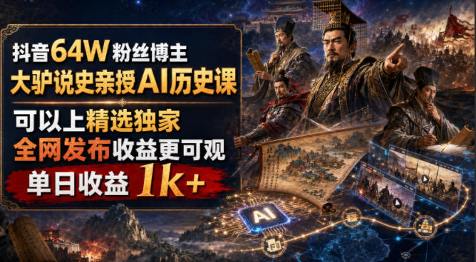 抖音64W粉丝博主大驴说史亲授AI历史课,可以上精选独家,全网发布收益更可观,单日收益1k+-云享网创